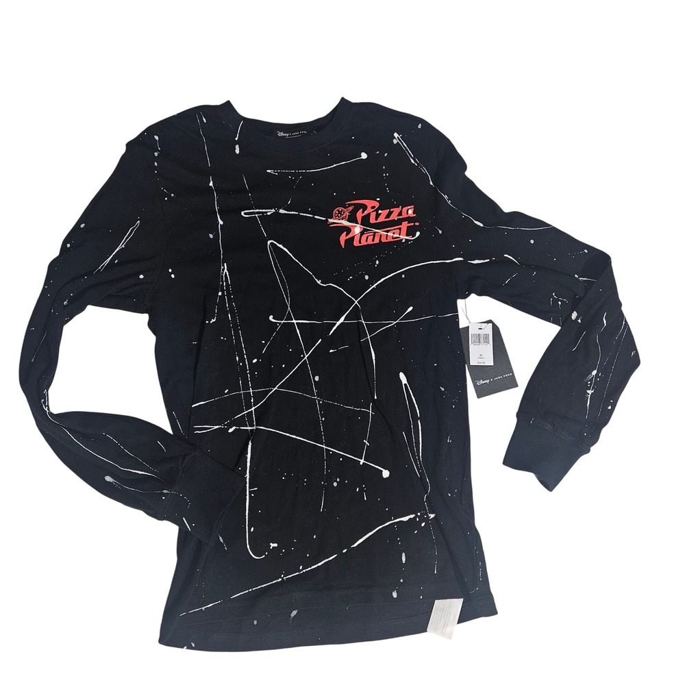 NWT Mens XS Disney Junk Food Pizza Planet Paint Splatter Long Sleeve Shirt Black